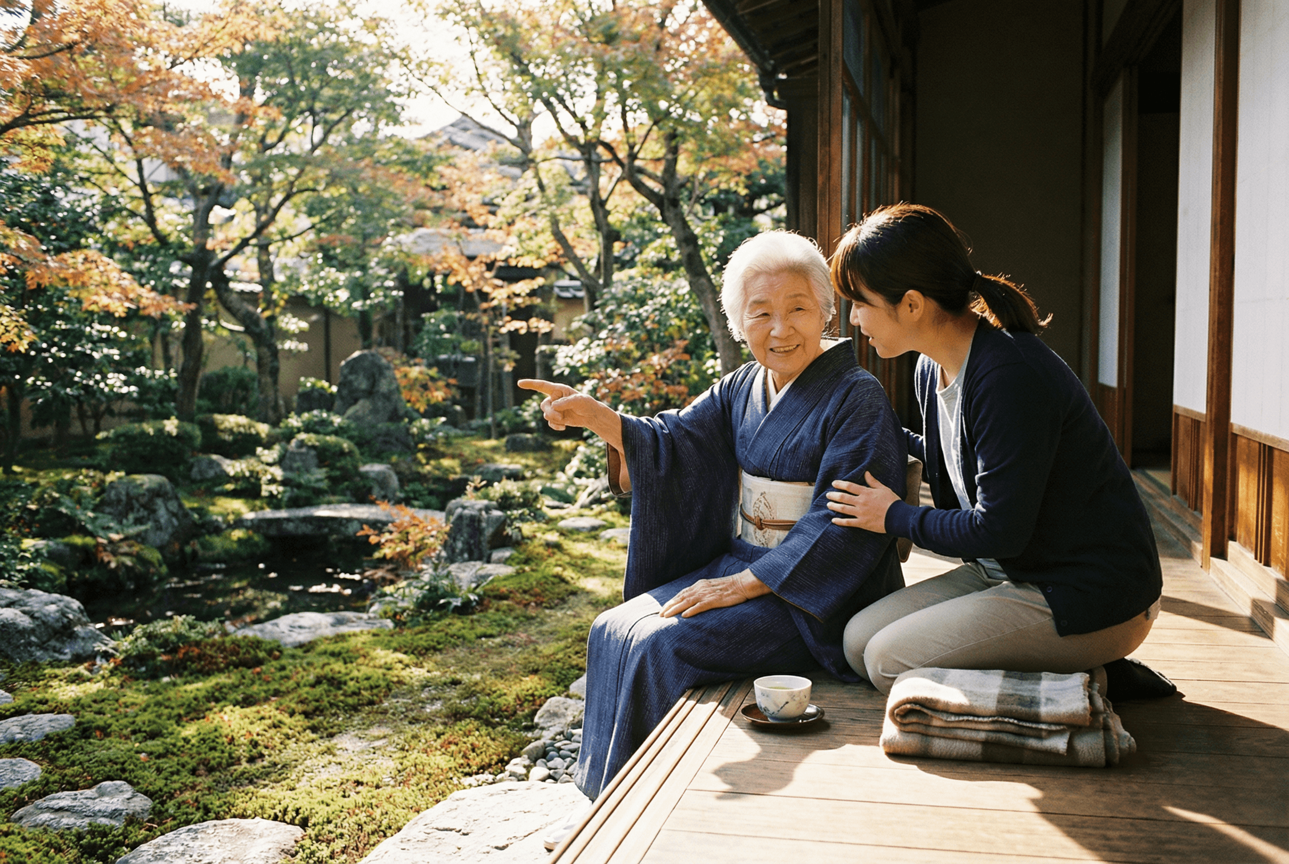 スタッフとご利用者様が縁側で並んで座るシーン
