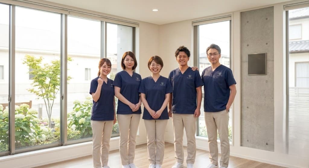 紺色のユニフォームを着たリエイトケアのスタッフ5名が、明るい室内で笑顔で並んでいる集合写真