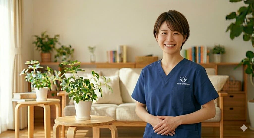 リエイトケアのユニフォームを着て、明るいリビングで微笑む女性スタッフ