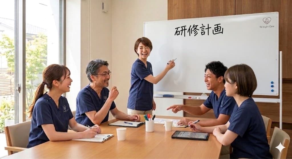 研修計画のホワイトボードの前で打ち合わせするリエイトケアのスタッフたち