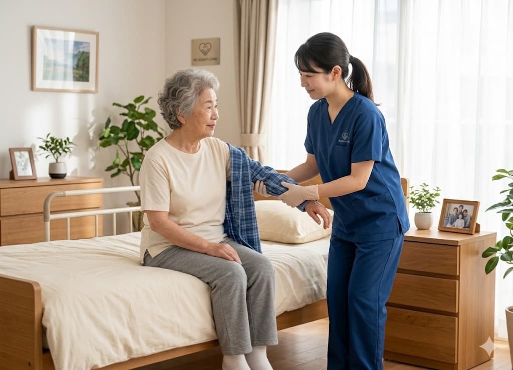 自宅の寝室で、ベッドに座るご利用者様に着替えを手伝う女性ヘルパー