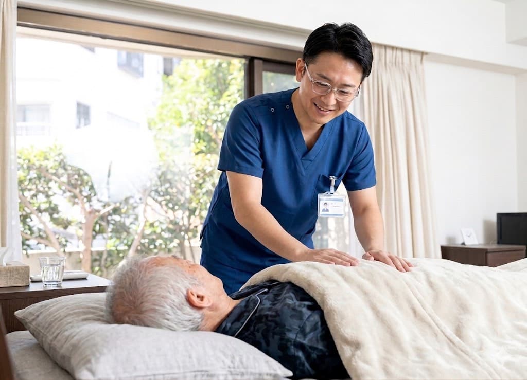 自宅の寝室で、ベッドのご利用者様に寄り添う笑顔の男性ヘルパー