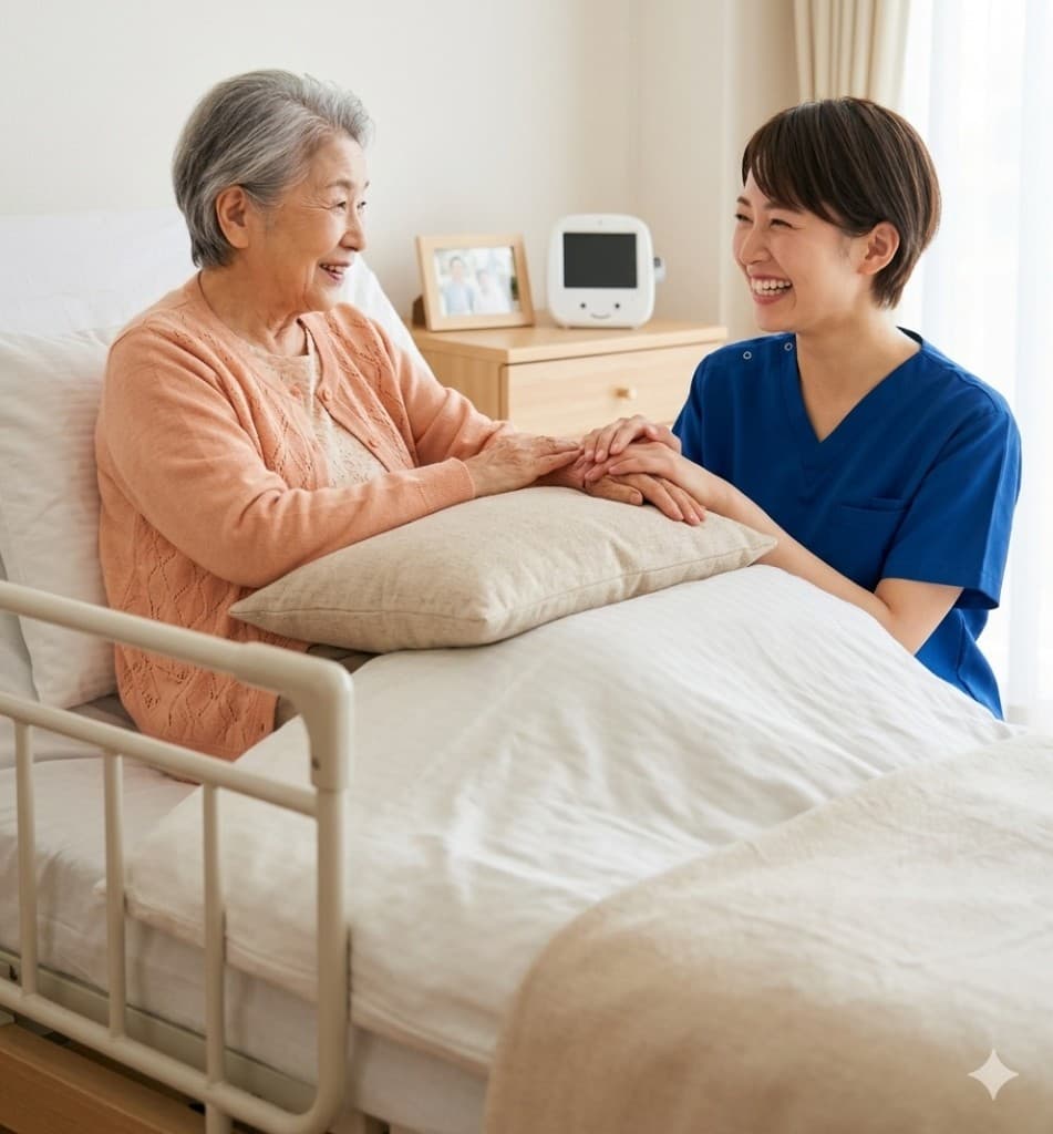 ベッドに座るご利用者様の手を取り、穏やかに語らう笑顔の女性スタッフ